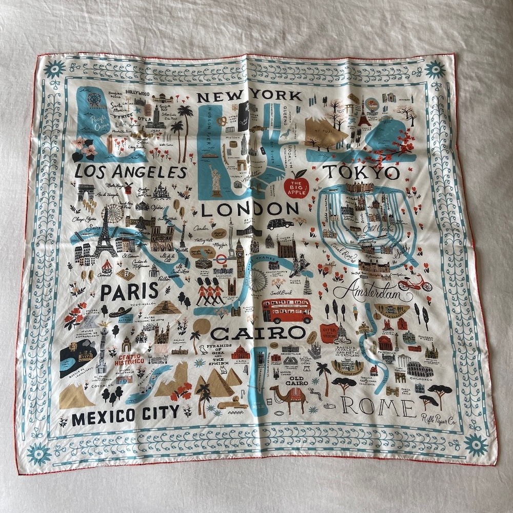 Rifle Paper Co. silk twill travel cities Bon Voyage scarf 33" square